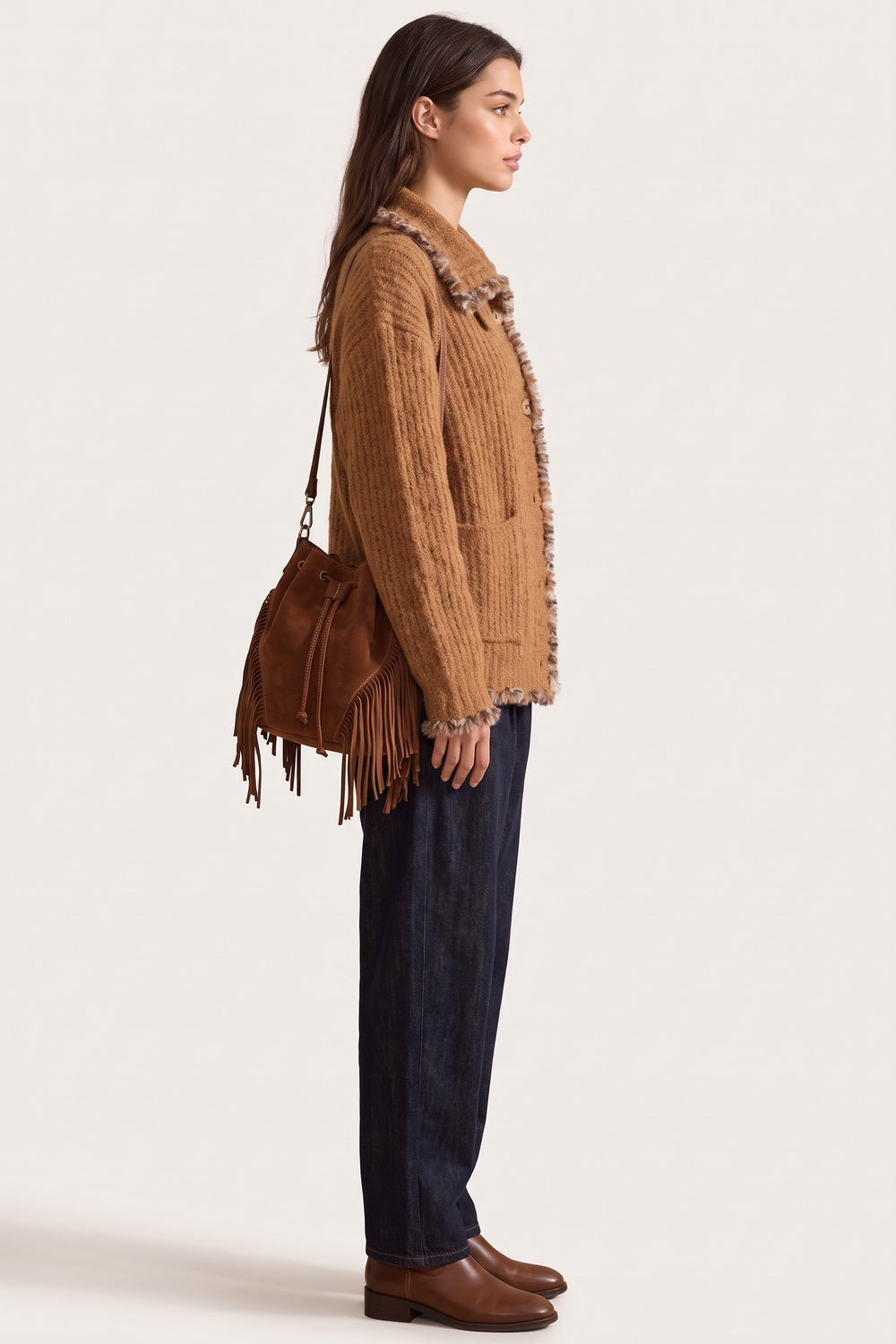 Caramel Brown Textured Mohair-Blend Knit Boxy Cardigan Jacket caramel brown textured mohair-blend knit cardigan jacket - product view 5