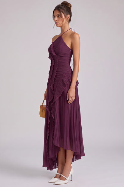 Deep Plum Asymmetrical Pleated Ruffle A-Line Dress deep plum pleated chiffon or georgette dress - product view 5