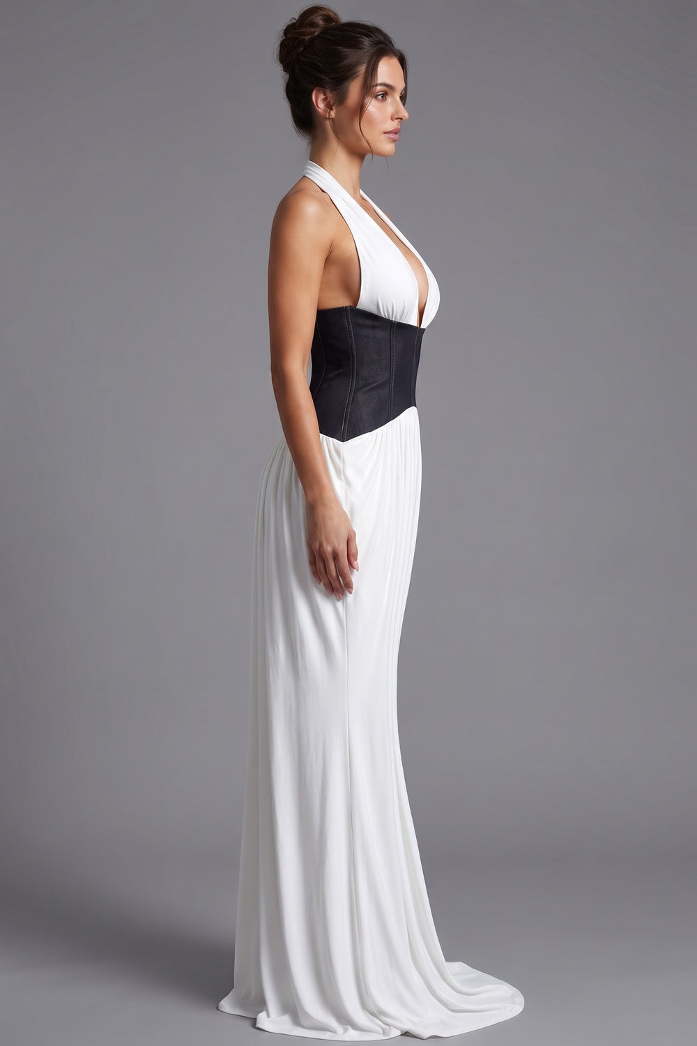 White Fluid Jersey Column Evening Gown with Structured Black Waist white fluid white jersey or crepe evening gown - product view 5