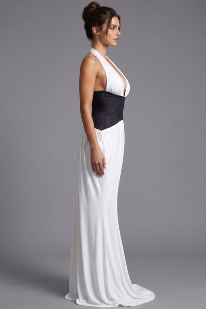 White Fluid Jersey Column Evening Gown with Structured Black Waist white fluid white jersey or crepe evening gown - product view 5