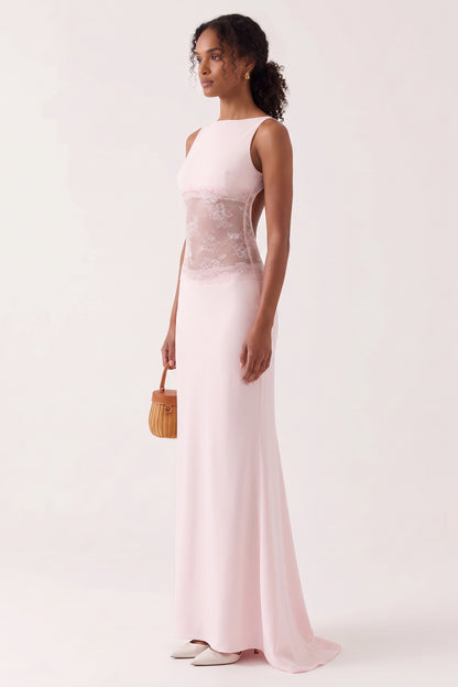 Soft Pink Lace Panel Maxi Dress Premium Fabric - product view 4