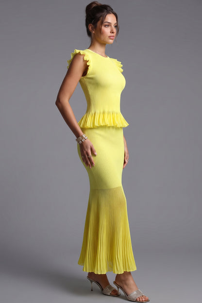 Lemon Yellow Ribbed Knit Mermaid Peplum Two-Piece Set lemon yellow ribbed knit two-piece set - product view 5