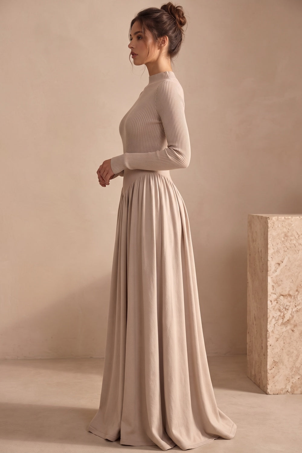 Beige Ribbed Knit Maxi Dress beige knit dress - product view 5