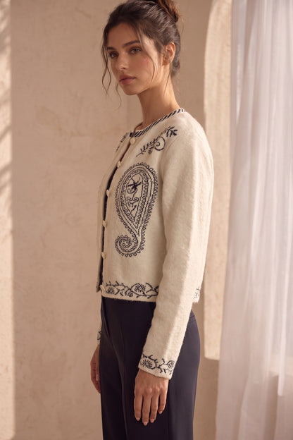 Cream Brushed Fuzzy Knit Boxy Cropped Cardigan cream, off-white brushed fuzzy knit cardigan - product view 5