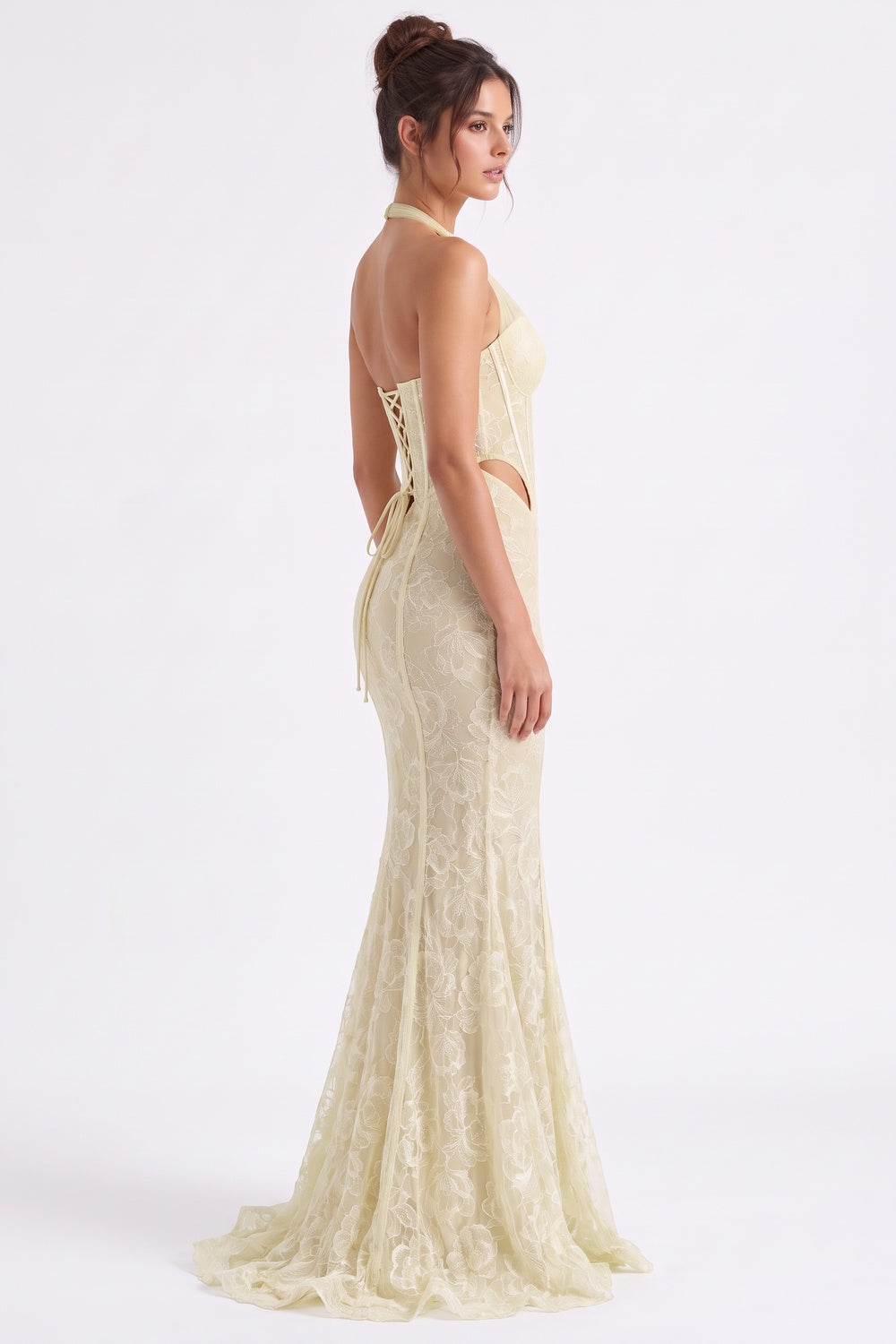 Pale Yellow Floral Lace Mermaid Gown pale yellow floral lace gown - product view 5