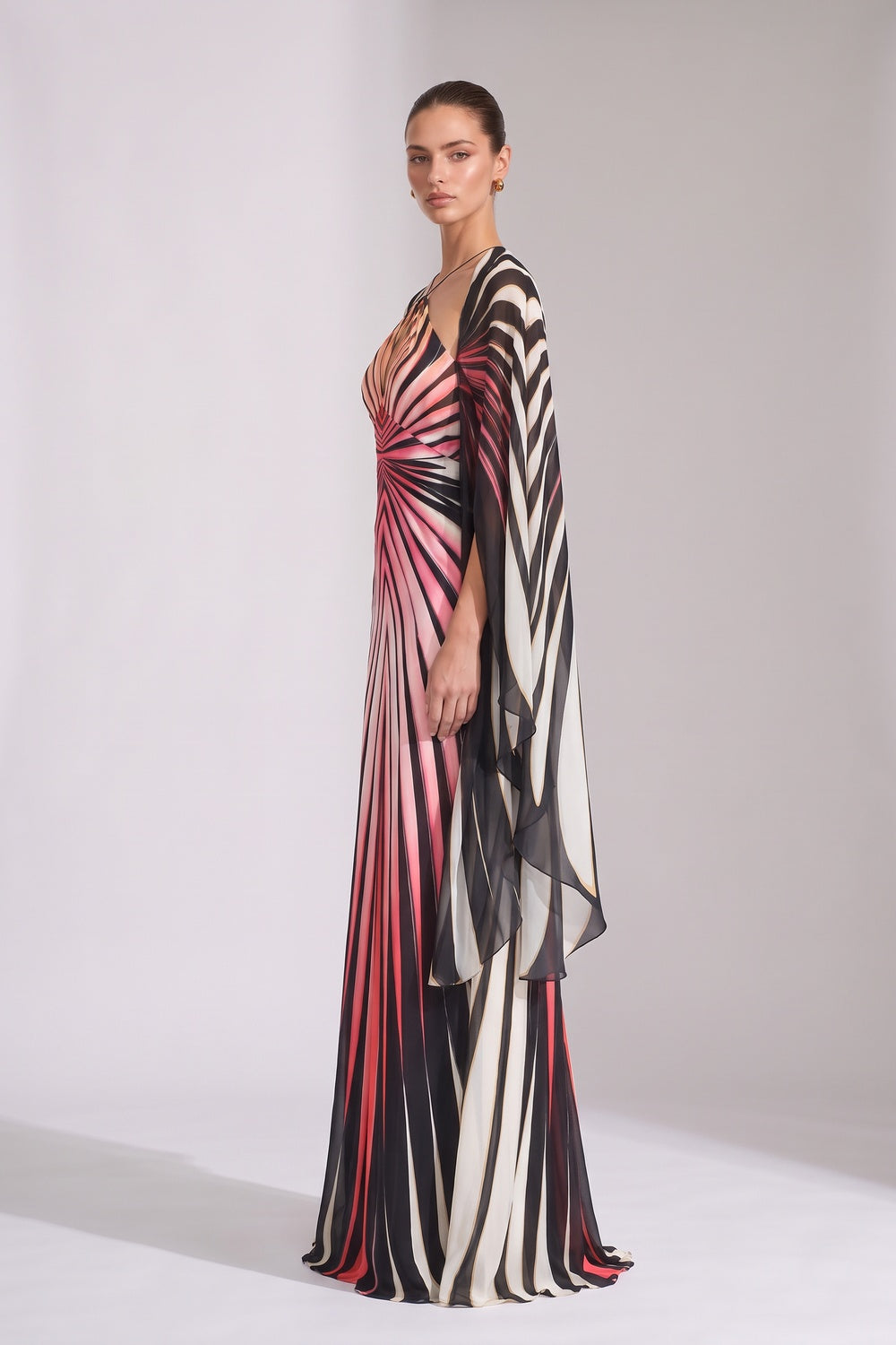 Engineered Radiating Stripe Chiffon Cape Column Gown pink, black, white chiffon gown - product view 5