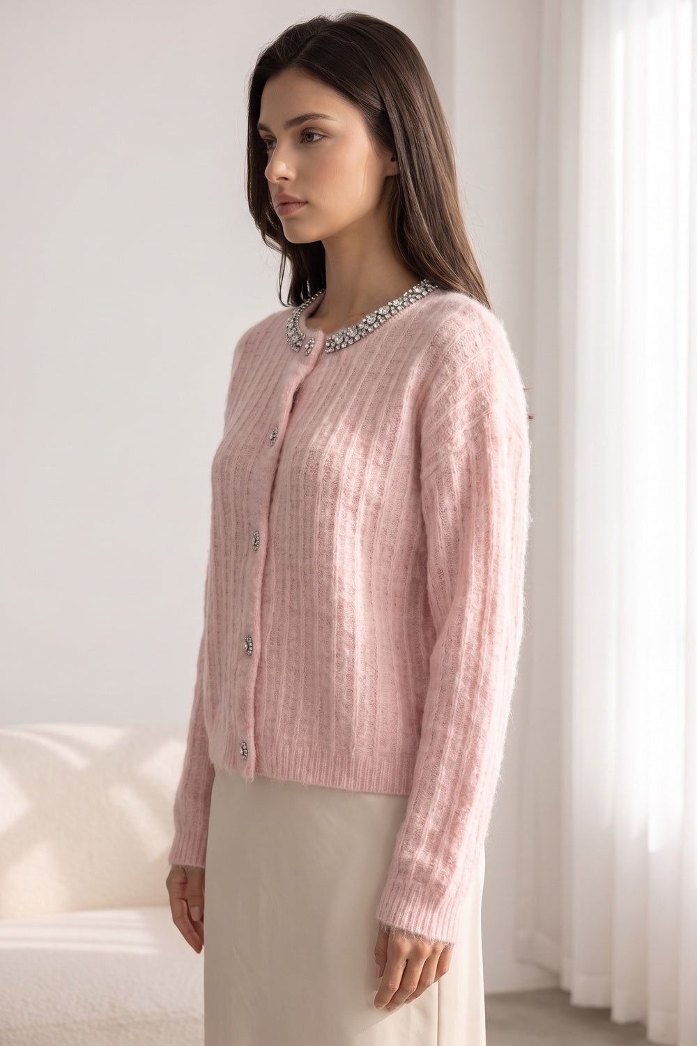 Pastel Pink Mohair-Blend Knit Cardigan with Rhinestone Embellishment pastel pink mohair-blend knit cardigan - product view 5