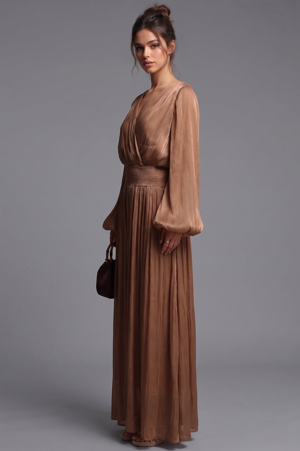 Bronze Brown Pleated Satin-Georgette Blend Maxi Dress bronze brown pleated satin-georgette blend maxi dress - product view 5
