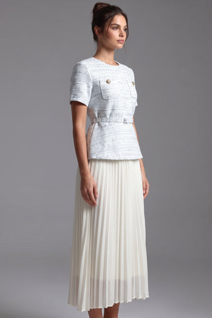 Light Blue Tweed Peplum Top with Pleated Midi Skirt Two-Piece Set light blue, white tweed top, chiffon or lightweight crepe skirt two-piece set - product view 5