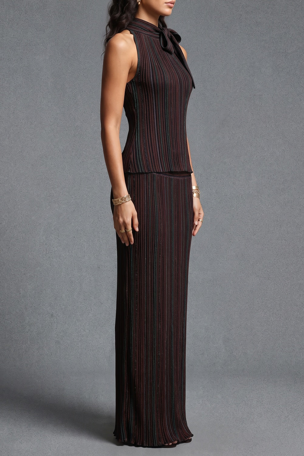 Dark Brown Plissé Pleated Knit Two-Piece Set dark brown plissé pleated knit two-piece set - product view 5