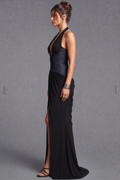 Black Two-Tone Halter Gown with Structured Corset Waist and High Slit black lightweight jersey or crepe gown - product view 5
