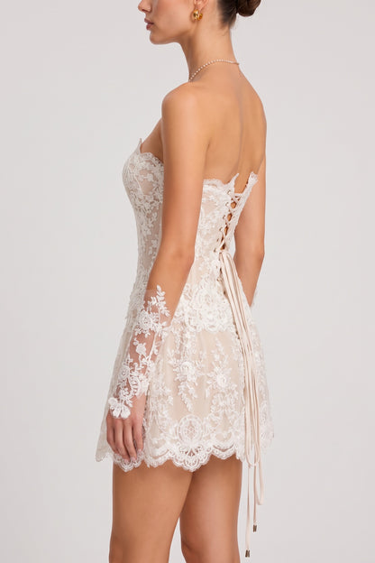 White Floral Lace Fit-and-Flare Corset Mini Dress with Detached Sleeves white floral lace mini dress with detached sleeves - product view 5
