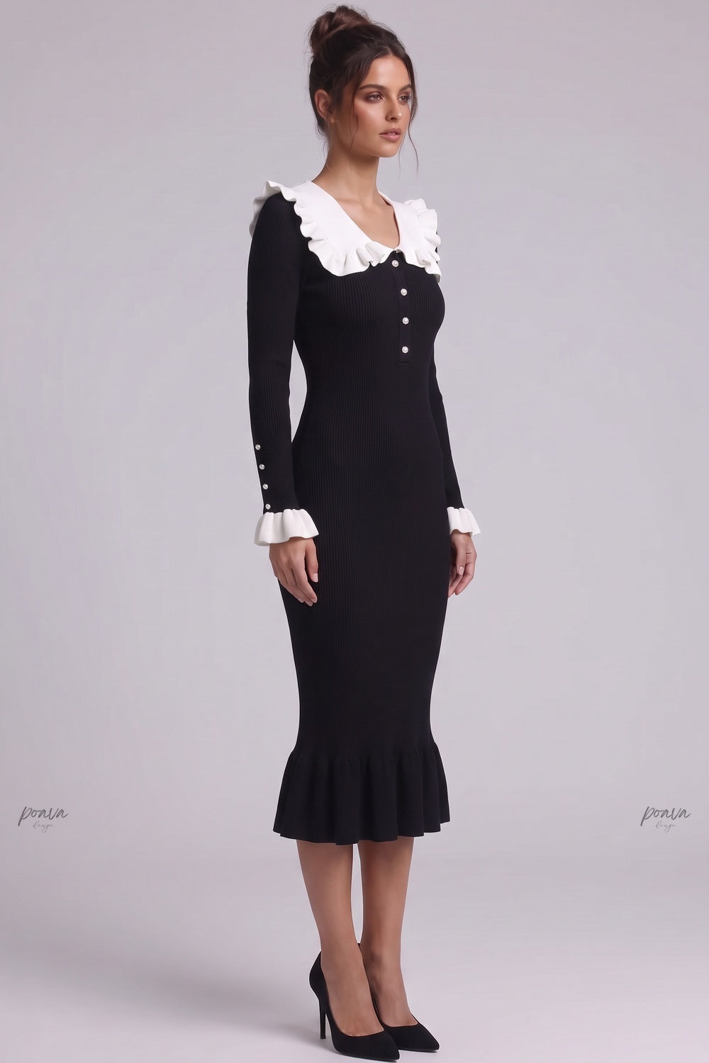 Black Ribbed Knit Mermaid Dress with White Ruffled Collar black ribbed knit dress - product view 5