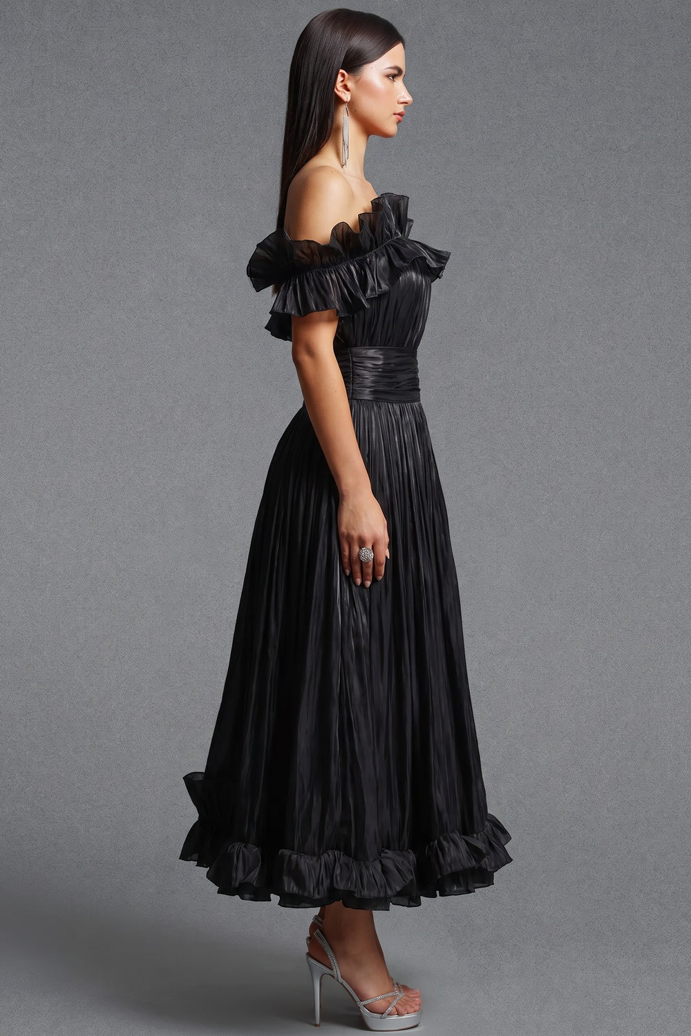 Black Pleated Organza Fit-and-Flare Midi Dress black pleated organza or taffeta dress - product view 5