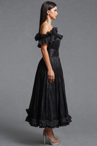 Black Pleated Organza Fit-and-Flare Midi Dress black pleated organza or taffeta dress - product view 5