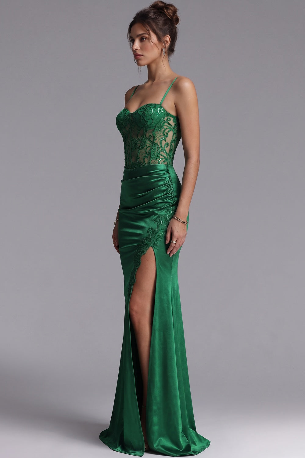 Emerald Green Satin Sheath Evening Gown with High Slit emerald green satin evening gown - product view 5