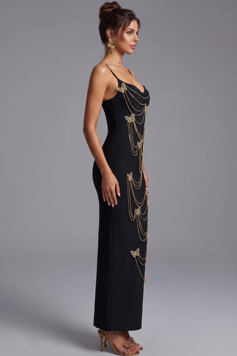 Black Heavy Knit Crepe Column Maxi Dress with Gold Butterfly Embellishment black heavy knit crepe maxi dress - product view 5