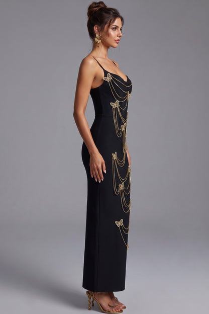 Black Heavy Knit Crepe Column Maxi Dress with Gold Butterfly Embellishment black heavy knit crepe maxi dress - product view 5