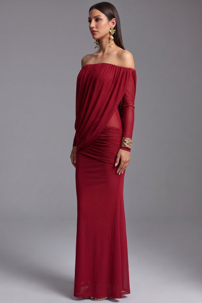 Deep Red Lightweight Stretch Mesh Column with Draped Overlay Dress deep red lightweight stretch mesh dress - product view 5