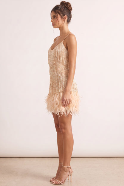 Champagne Gold Metallic Thread Fringe A-Line Dress champagne gold metallic thread fringe dress - product view 5