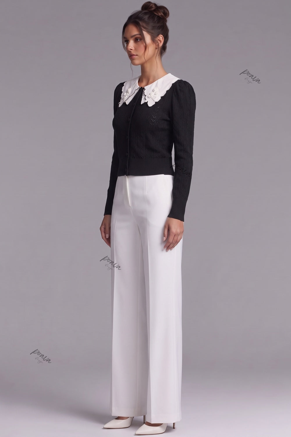 Black Pointelle Knit Cardigan with White Embroidered Collar black fine pointelle knit cardigan - product view 5