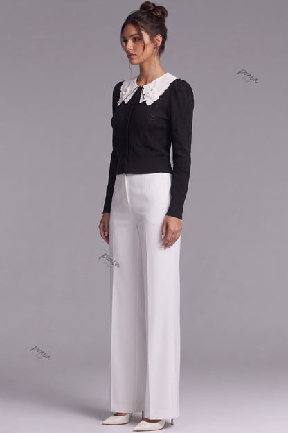 Black Pointelle Knit Cardigan with White Embroidered Collar black fine pointelle knit cardigan - product view 5