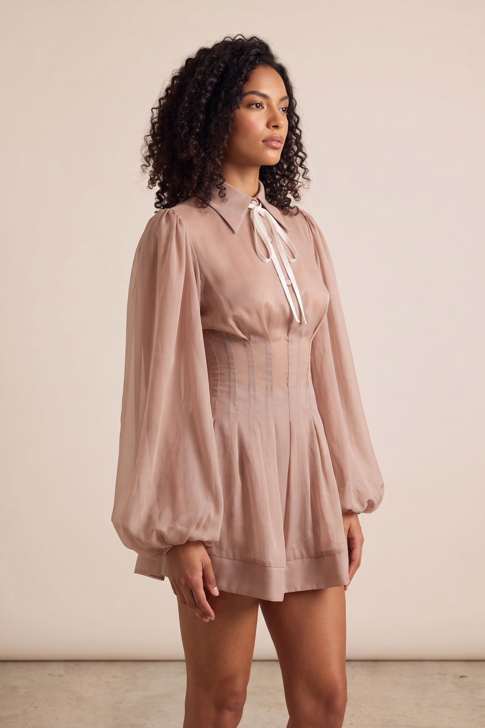 Dusty Rose Chiffon Mini Dress with Puffed Sleeves and Contrast Ribbon Tie Premium Fabric - product view 4