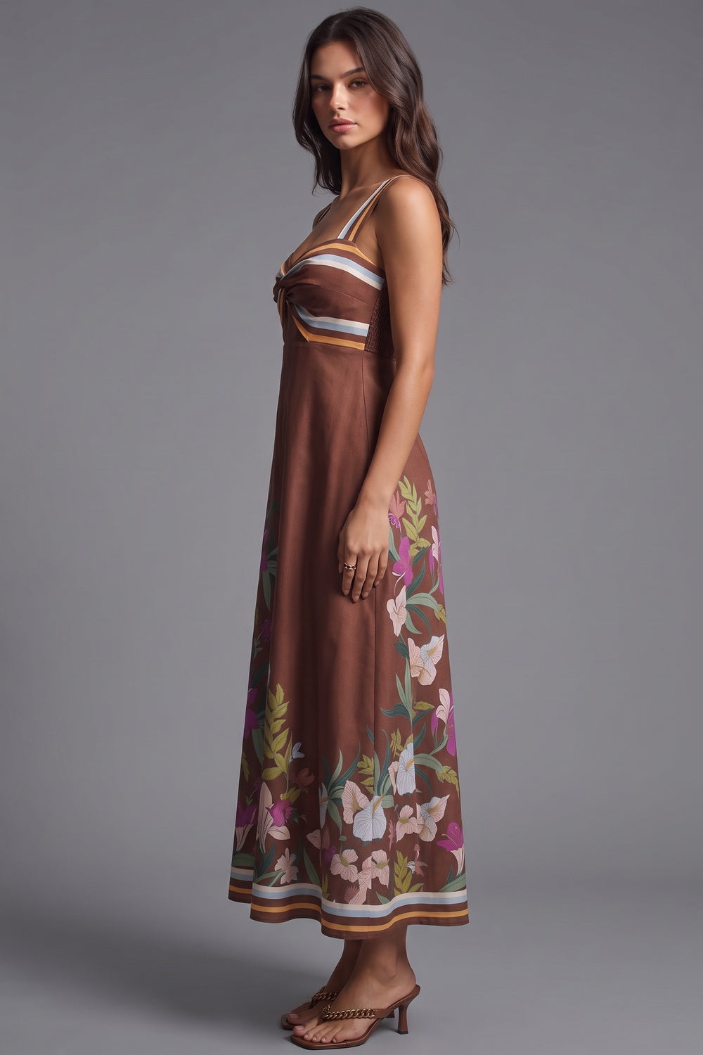 Chocolate Brown A-Line Midi Dress with Twisted Bodice and Floral Print chocolate brown structured woven cotton or linen blend dress - product view 5