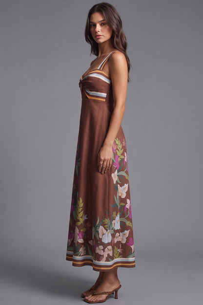 Chocolate Brown A-Line Midi Dress with Twisted Bodice and Floral Print chocolate brown structured woven cotton or linen blend dress - product view 5