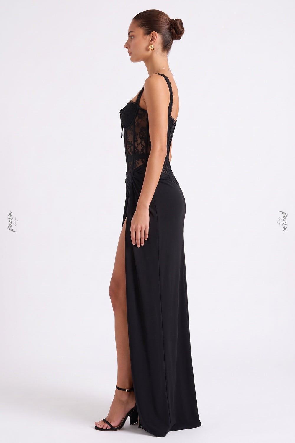 Black Lace Corset Evening Gown with High Slit black lace evening gown - product view 5