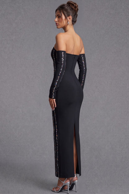 Black Strapless Maxi Dress with Detached Sleeves black heavy stretch knit strapless maxi dress with detached sleeves - product view 5