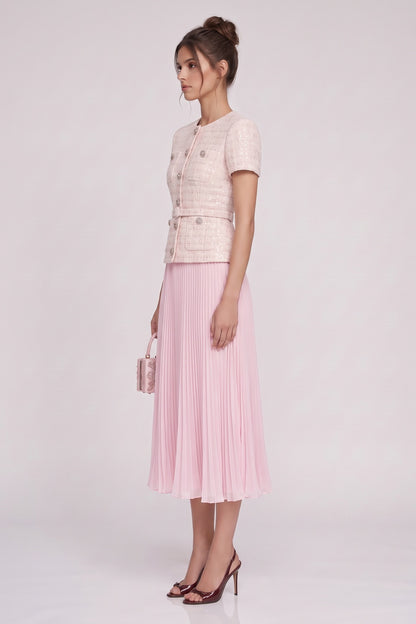 Pale Pink Tweed Fitted Bodice with Peplum and A-Line Skirt Two-Piece Set pale pink, cream tweed two-piece set - product view 5