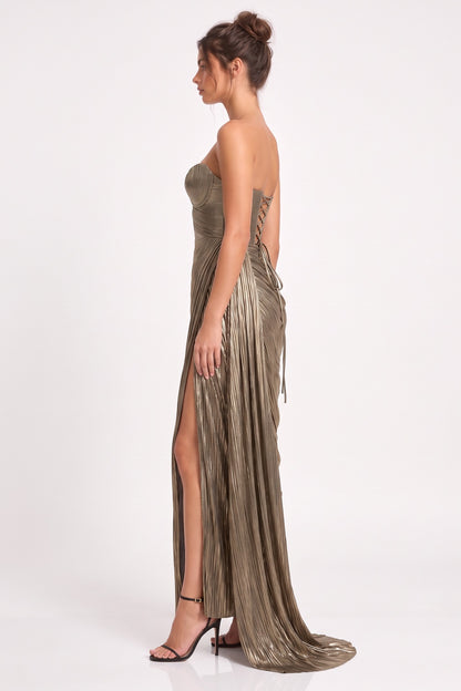 Antique Gold Metallic Plissé Lamé Column Gown antique gold, bronze metallic plissé lamé gown - product view 5