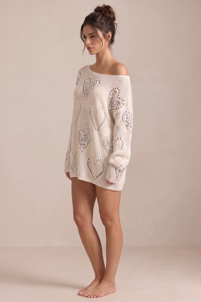 Cream Open-Work Knit Oversized Sweater with Silver Heart Embellishments cream, off-white open-work knit yarn sweater - product view 5