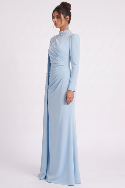 Light Blue Crepe Column with Asymmetrical Cape Evening Gown light blue crepe evening gown - product view 5