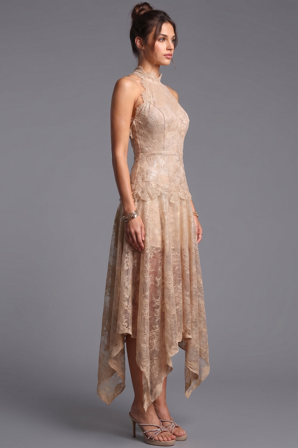 Beige Corded Floral Lace A-Line Midi Dress with Asymmetrical Hem beige, champagne corded floral lace dress - product view 5