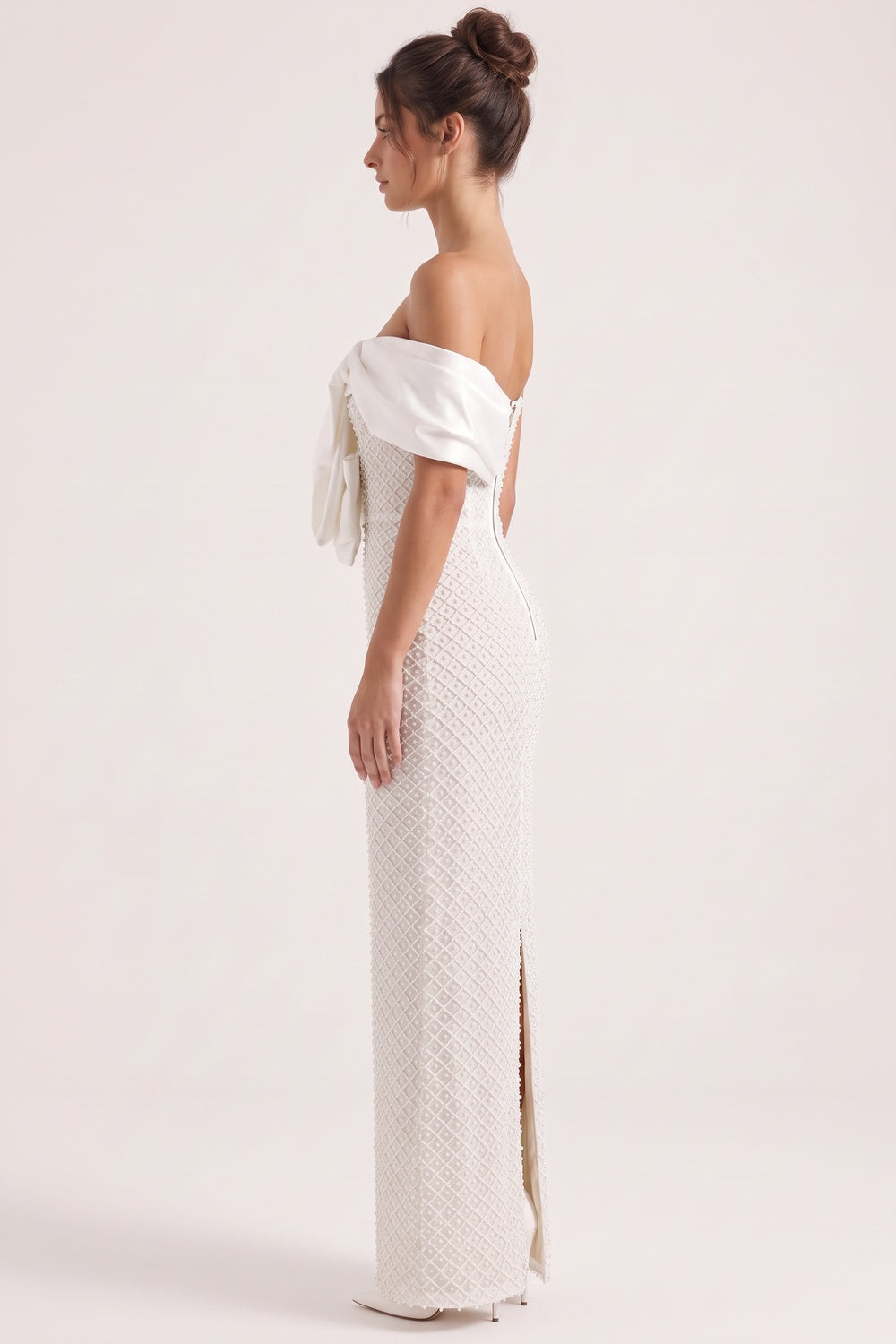 White Beaded Mesh Column Dress with Asymmetrical Satin Bow white beaded mesh dress - product view 5