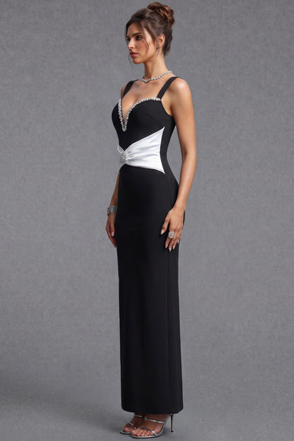 Black Stretch Crepe Column Evening Gown with White Satin Waist black heavy stretch crepe evening gown - product view 5