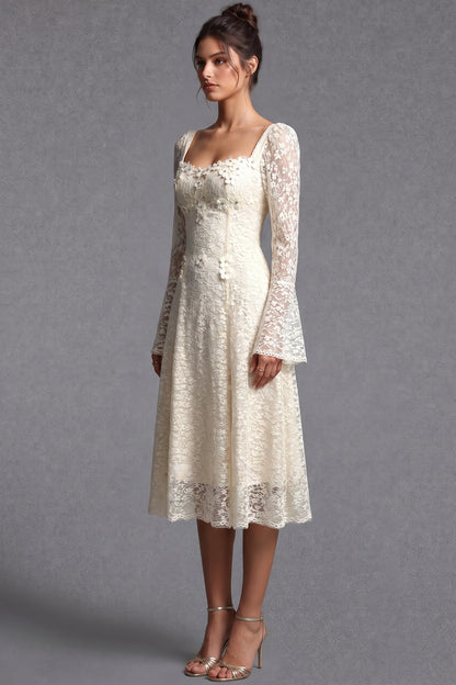 Cream Floral Lace A-Line Midi Dress cream floral lace dress - product view 5