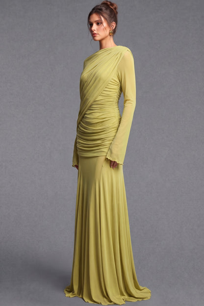 Chartreuse Ruched Mesh Gown chartreuse, olive green stretch mesh jersey gown - product view 5