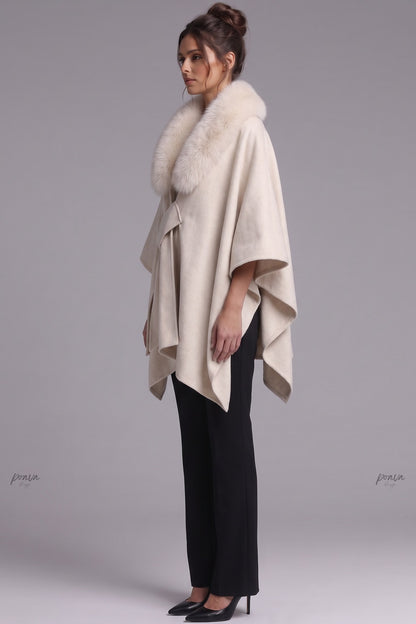 Cream Brushed Wool Blend Draped Wrap Cape Cream, Beige Brushed wool or cashmere blend Cape - product view 5