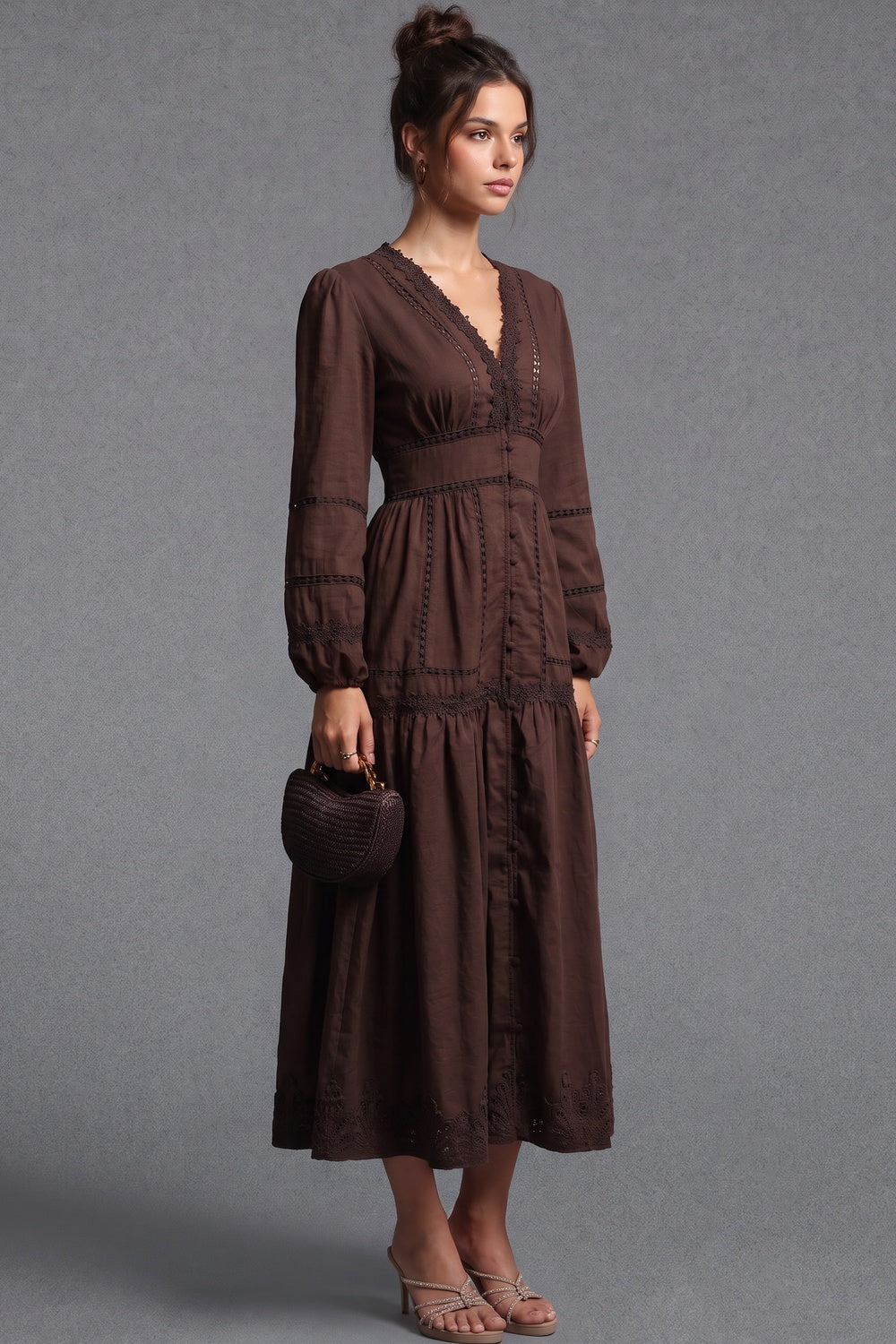 Chocolate Brown Cotton A-Line Tiered Midi Dress with Lace Inserts chocolate brown cotton woven dress - product view 5