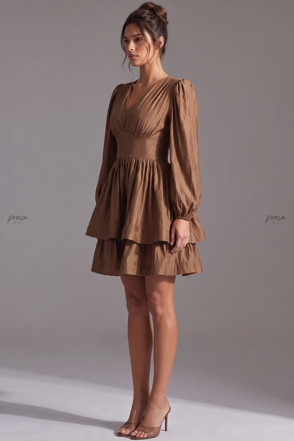 Bronze Brown Taffeta Fit-and-Flare Mini Dress bronze brown taffeta dress - product view 4