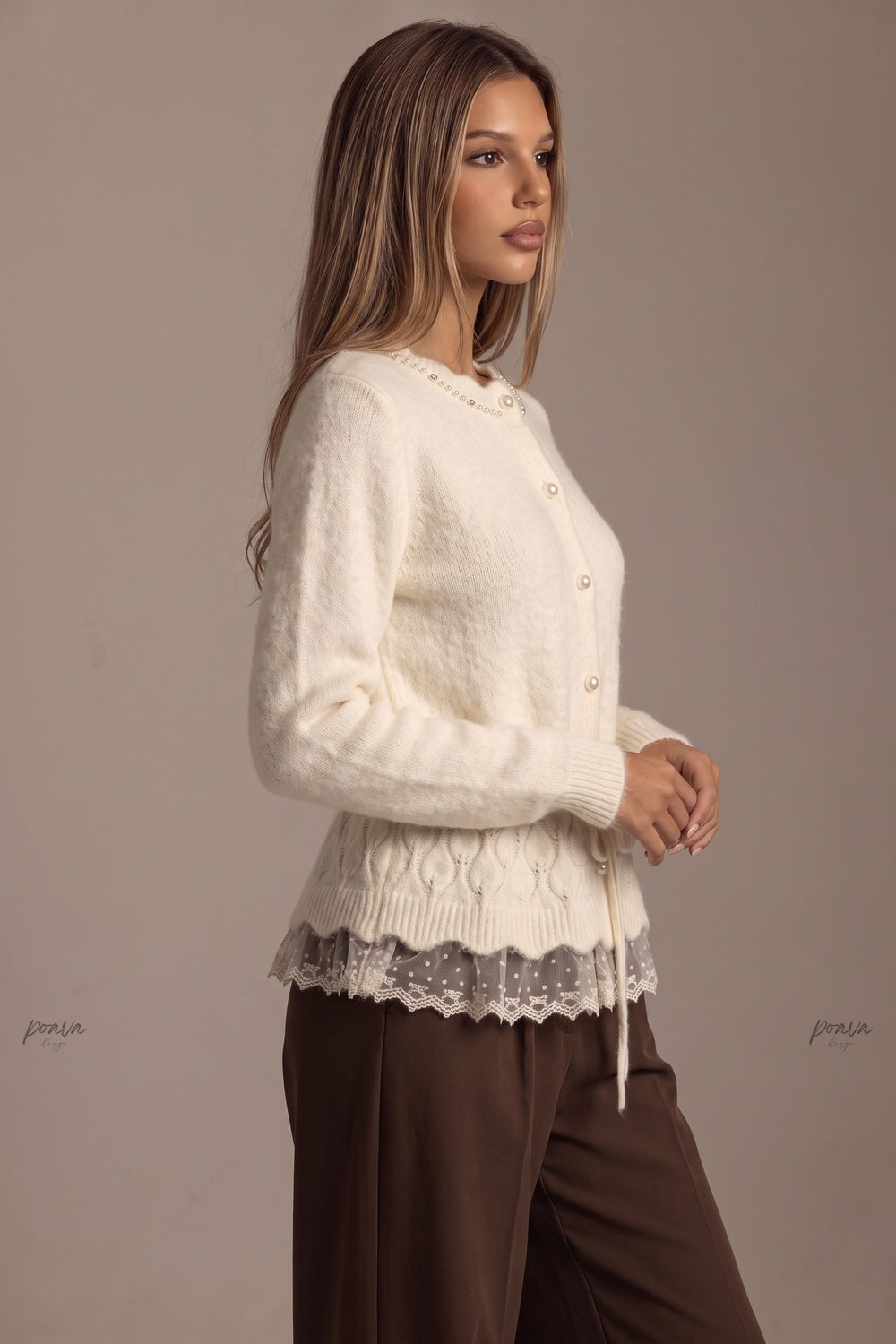 Cream Fuzzy Knit Wool Blend Peplum Cardigan with Lace Hem cream, ivory fuzzy knit wool blend cardigan - product view 5