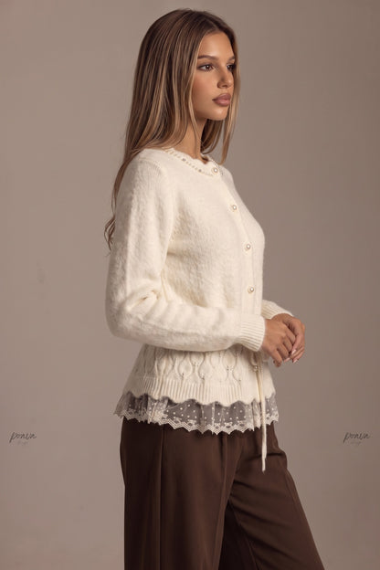 Cream Fuzzy Knit Wool Blend Peplum Cardigan with Lace Hem cream, ivory fuzzy knit wool blend cardigan - product view 5