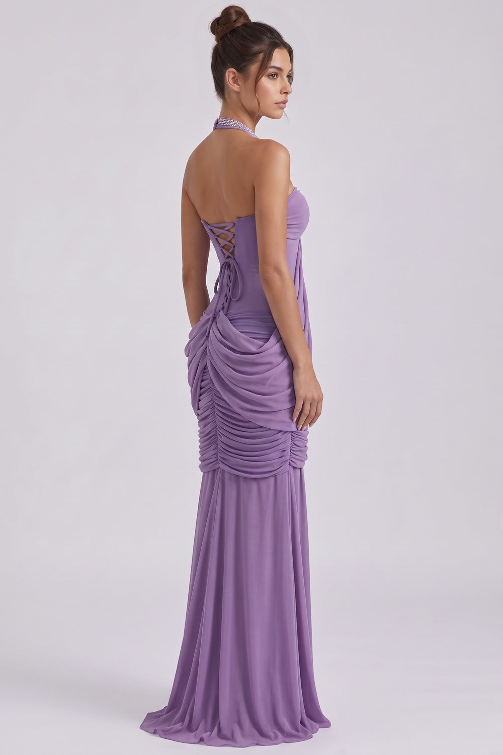 Lavender Mesh Jersey Mermaid-Column Draped Overlay Gown lavender mesh jersey gown - product view 5