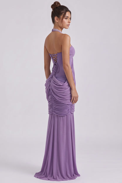 Lavender Mesh Jersey Mermaid-Column Draped Overlay Gown lavender mesh jersey gown - product view 5