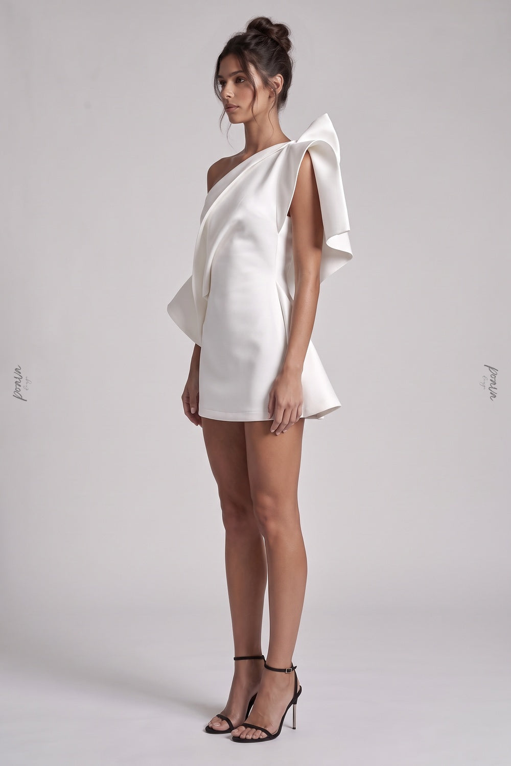 White Structured One-Shoulder Mini Dress with Asymmetrical Draping white structured heavy satin or gazar dress - product view 5