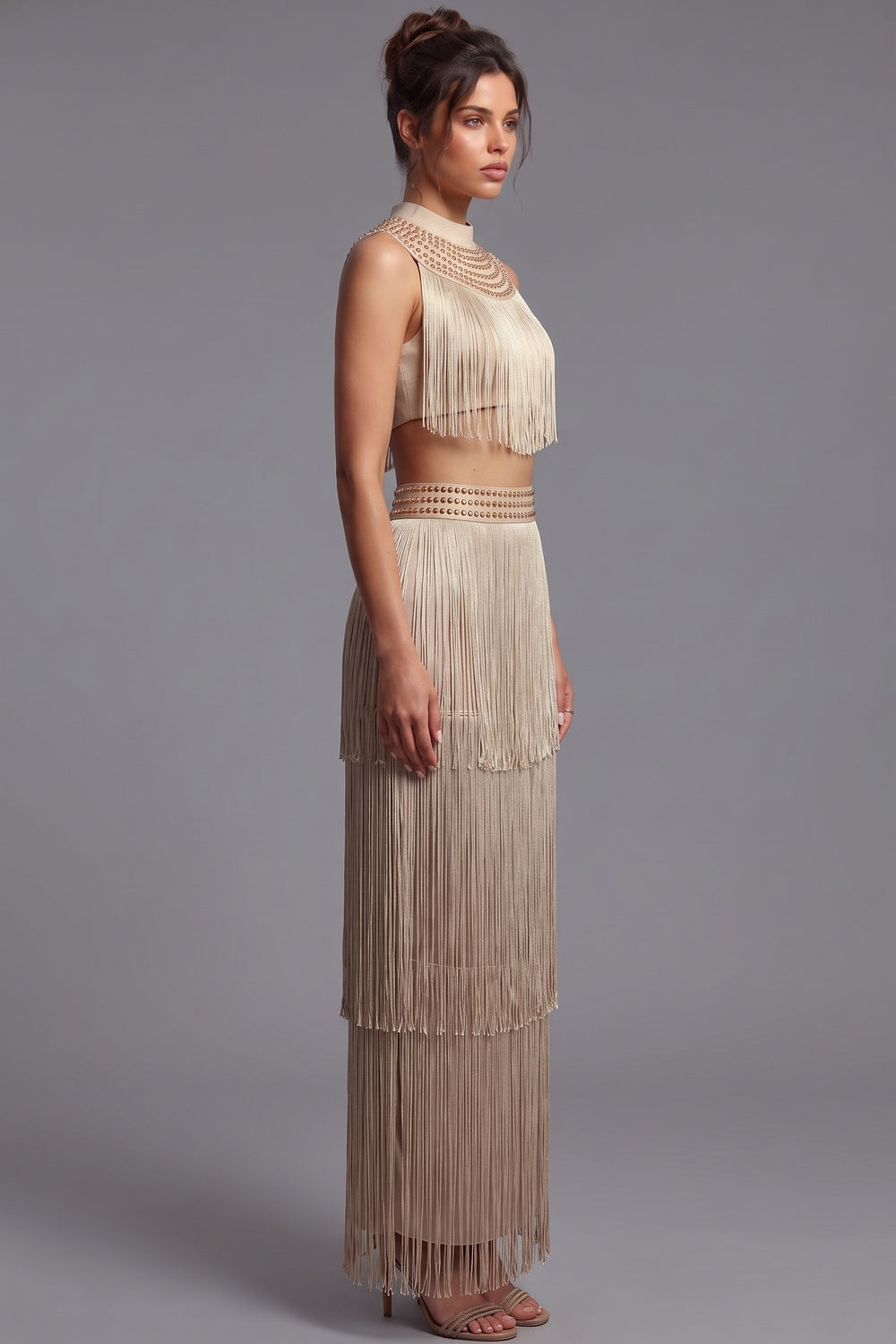 Champagne Satin Fringe Two-Piece Set with Metallic Studded Detail champagne, beige satin base with dense rayon fringe two-piece set - product view 5