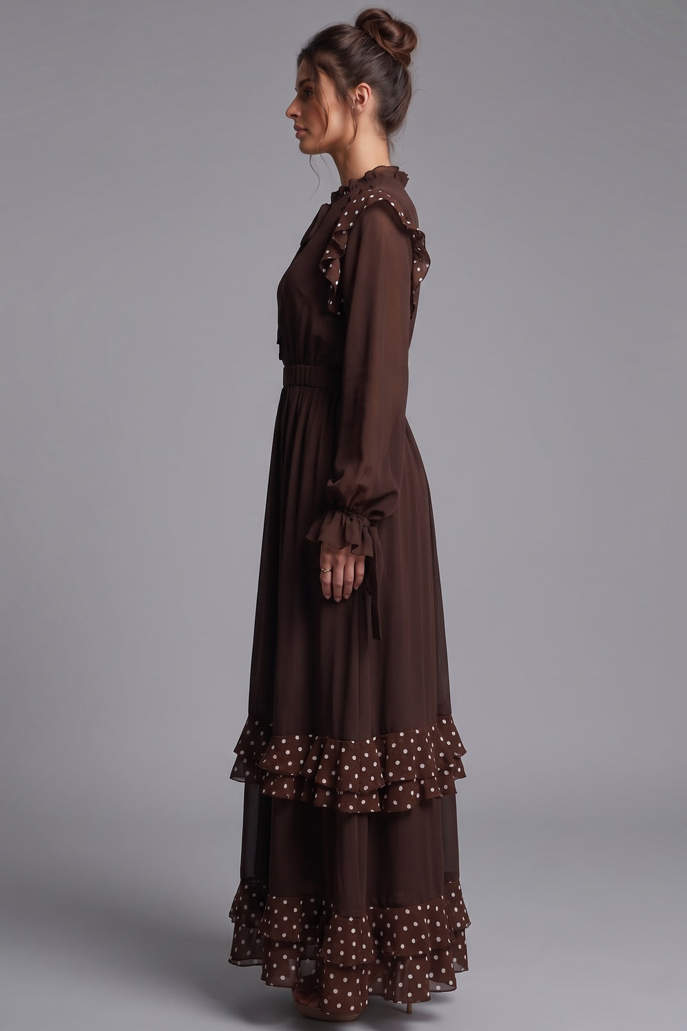 Dark Brown Chiffon A-Line Tiered Maxi Dress dark brown chiffon maxi dress - product view 5